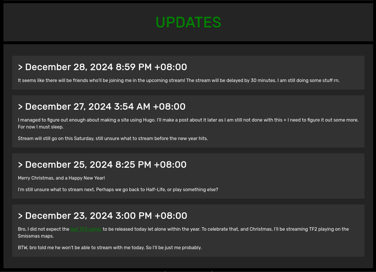 The newly made Updates page